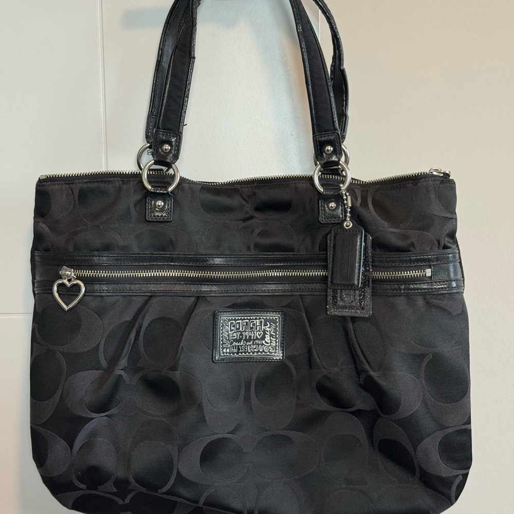 Coach Signature Poppy Daisy Black Jacquard Sateen Canvas Large Tote Bag
